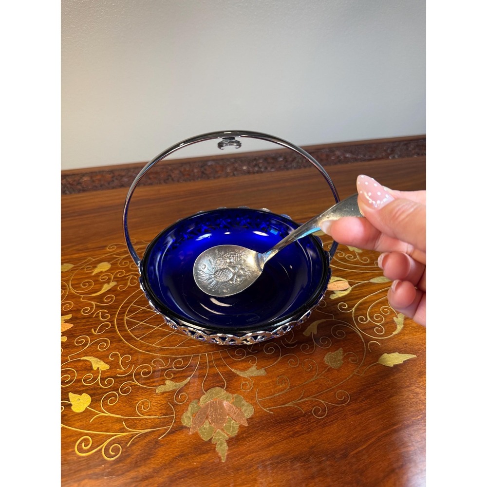 Vintage Cobalt Blue Jam Dish with Silver Plate Holder & Spoon - Picture 3 of 17